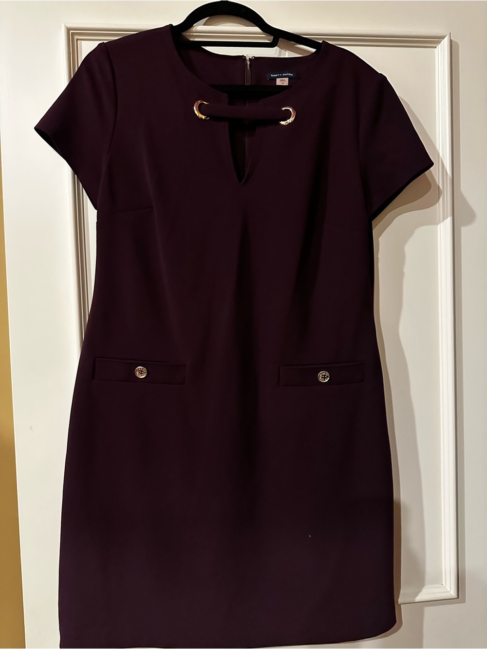 Tommy Hilfiger Plum Short Sleeve Shift Dress with Gold Accents